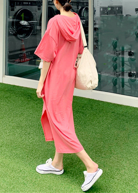 Pink V Neck Side Open Cotton Hooded Long Dresses Short Sleeve