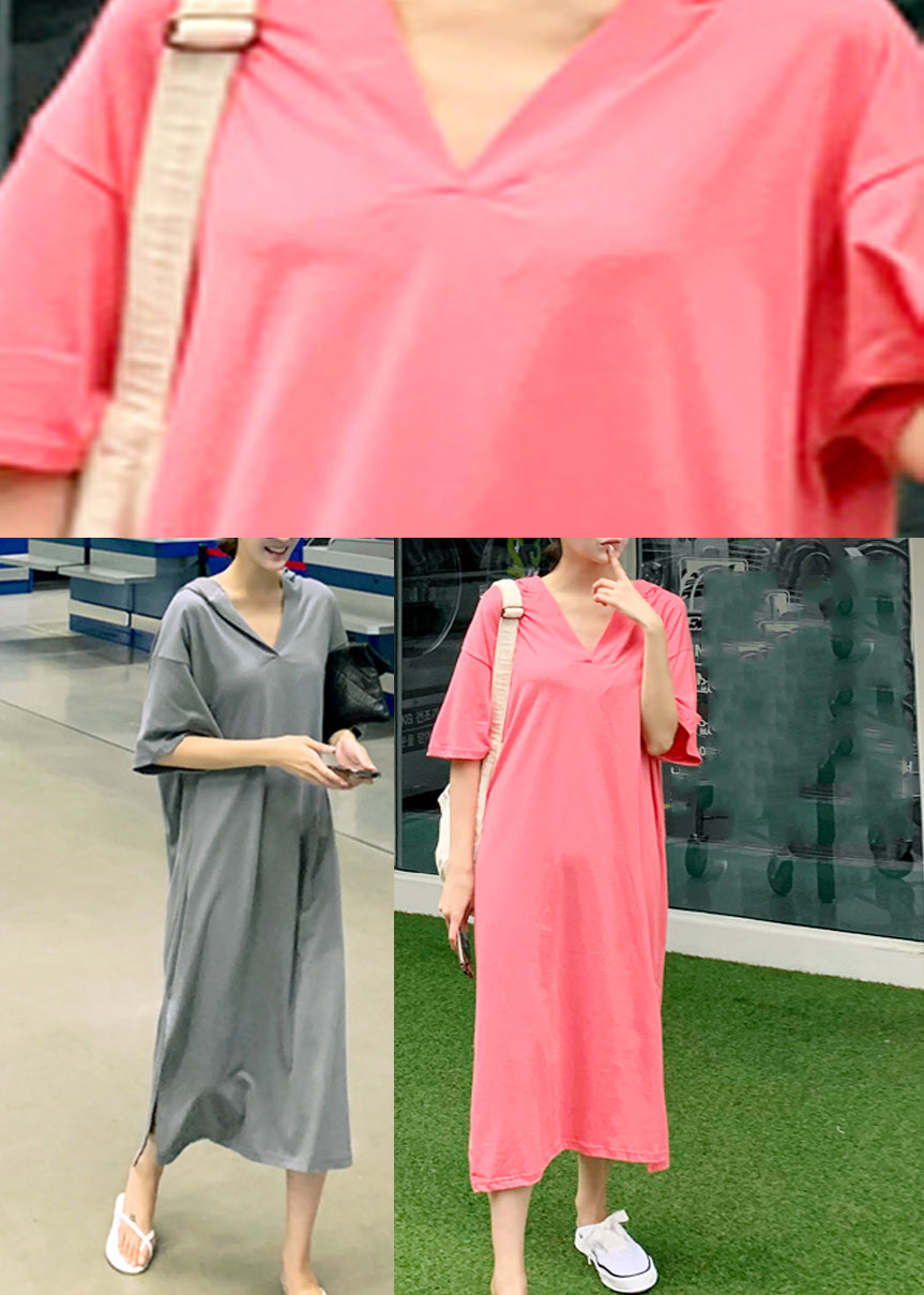 Pink V Neck Side Open Cotton Hooded Long Dresses Short Sleeve