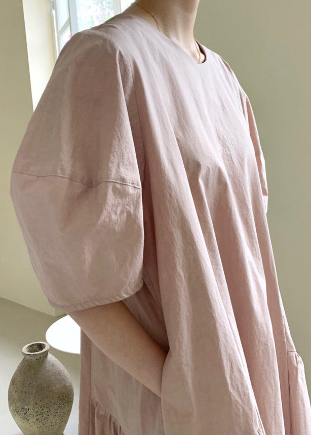 Pink Wrinkled Cozy Long Dresses Short Sleeve