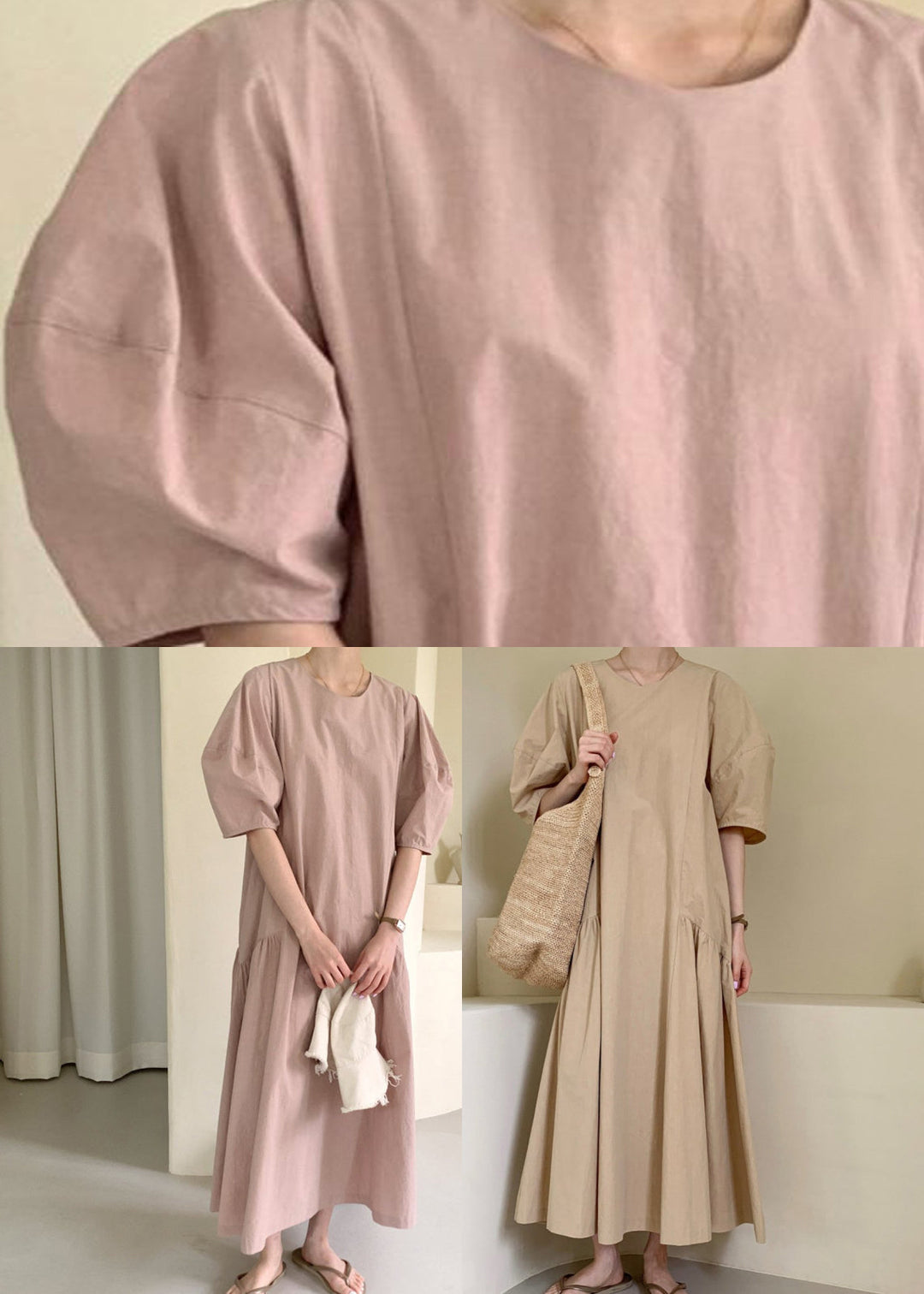 Pink Wrinkled Cozy Long Dresses Short Sleeve