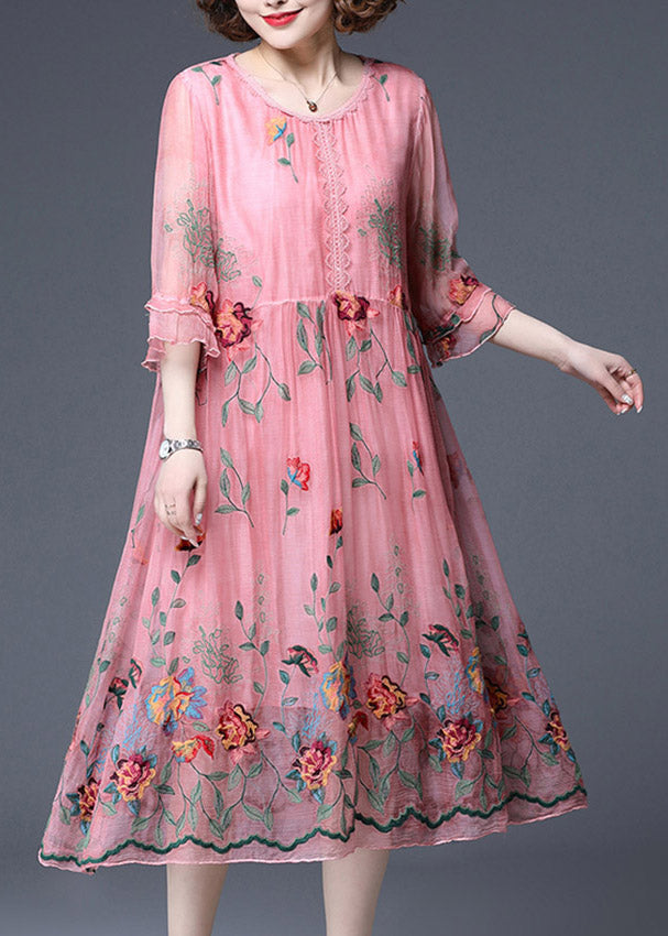 Pink Wrinkled Floral Tulle Dresses Half Sleeve