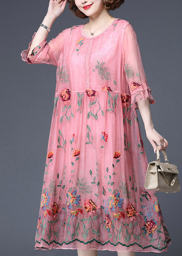 Pink Wrinkled Floral Tulle Dresses Half Sleeve