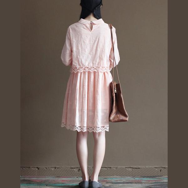 Pink cotton sundress retro lace trim casual summer dresses - Omychic