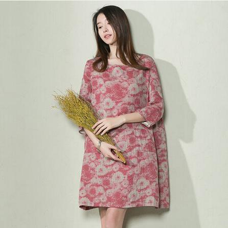 Pink daisy print shift dress oversize linen sundress plus size holiday dresses - Omychic