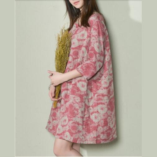 Pink daisy print shift dress oversize linen sundress plus size holiday dresses - Omychic