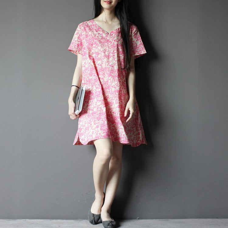 Pink floral V neck shift dresses plus size summer maternity dress sundress - Omychic