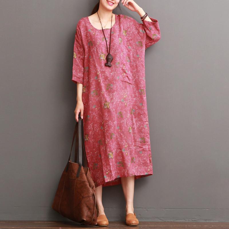 Pink half sleeve floral linen dresses summer linen maxi dress - Omychic