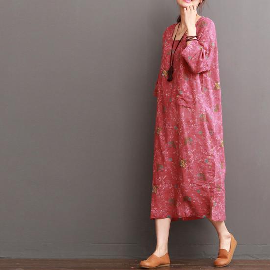 Pink half sleeve floral linen dresses summer linen maxi dress - Omychic