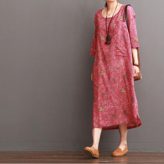 Pink half sleeve floral linen dresses summer linen maxi dress - Omychic