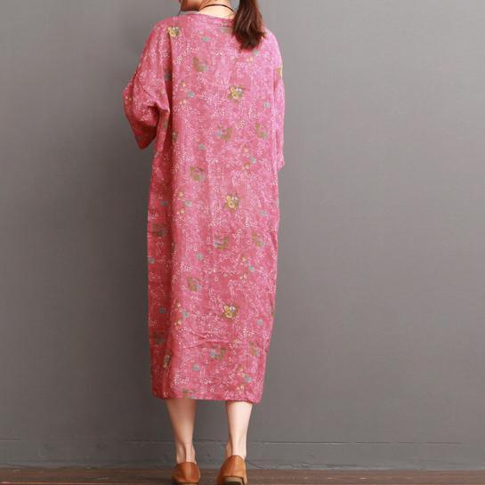 Pink half sleeve floral linen dresses summer linen maxi dress - Omychic