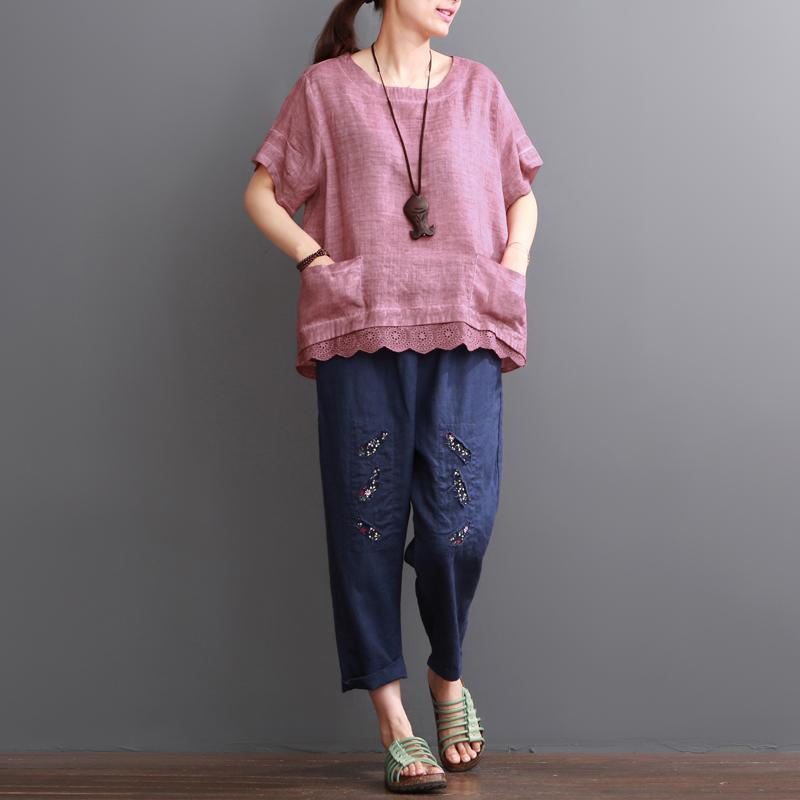 Pink linen blouse summer women shirt lace patchwork - Omychic