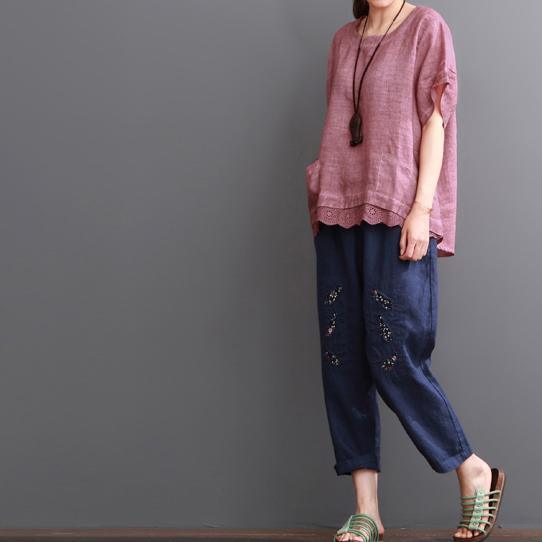 Pink linen blouse summer women shirt lace patchwork - Omychic