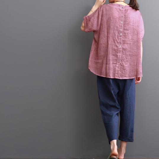 Pink linen blouse summer women shirt lace patchwork - Omychic