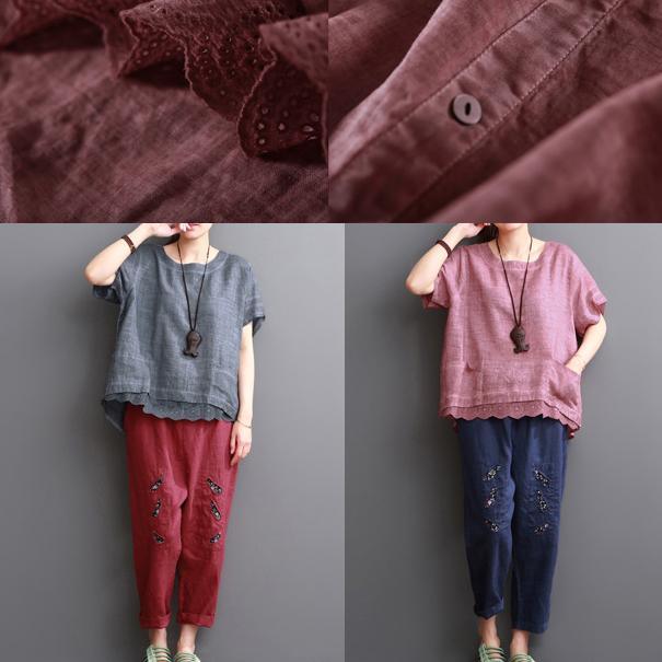 Pink linen blouse summer women shirt lace patchwork - Omychic