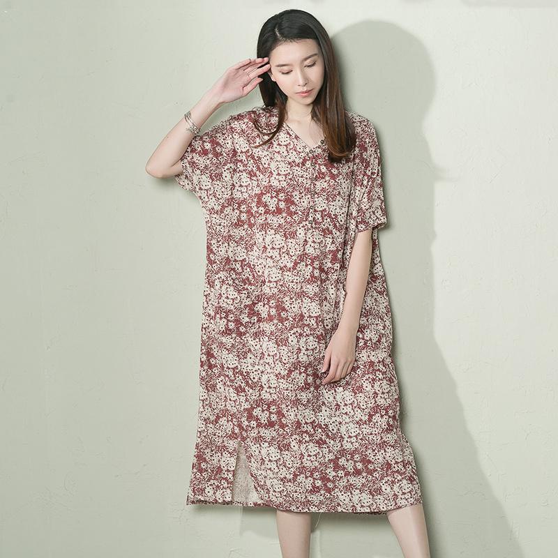 Pink linen sundress floral plus size summer dress short sleeve maxi dresses holiday - Omychic