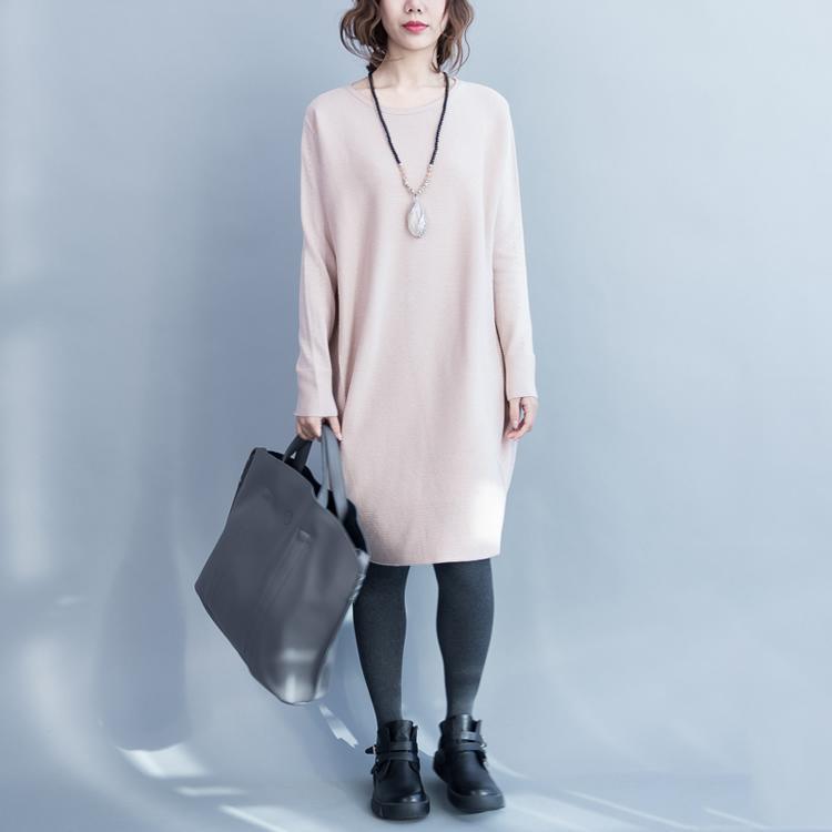Pink loose cotton knit dresses long sleeve sweater dress woolen knitwear - Omychic