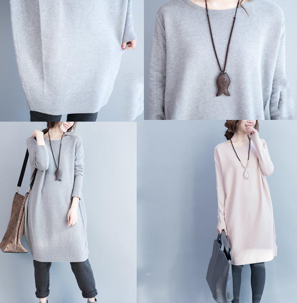 Pink loose cotton knit dresses long sleeve sweater dress woolen knitwear - Omychic