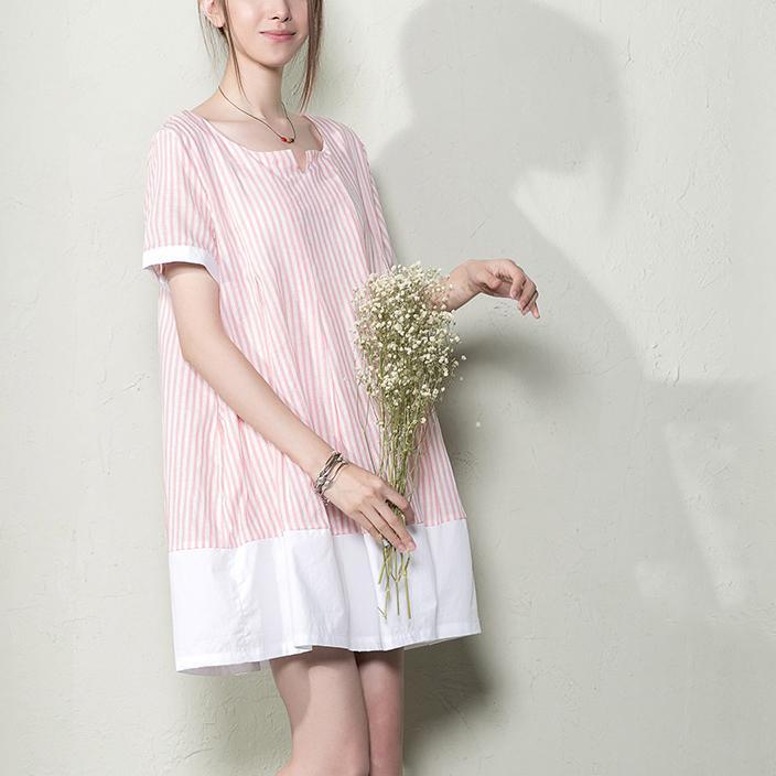 Pink natural linen striped shift dress plus size summer maternity dresses - Omychic