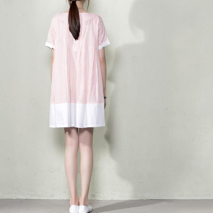 Pink natural linen striped shift dress plus size summer maternity dresses - Omychic