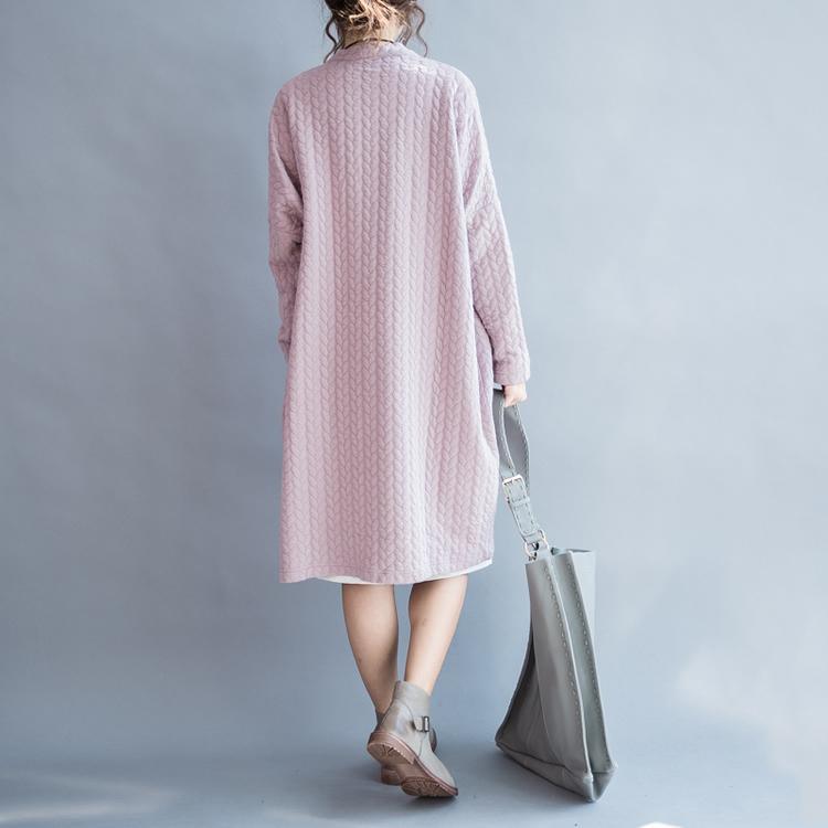 Pink piled cotton oversize cardigans long maxi coat plus size warm cotton outwear - Omychic
