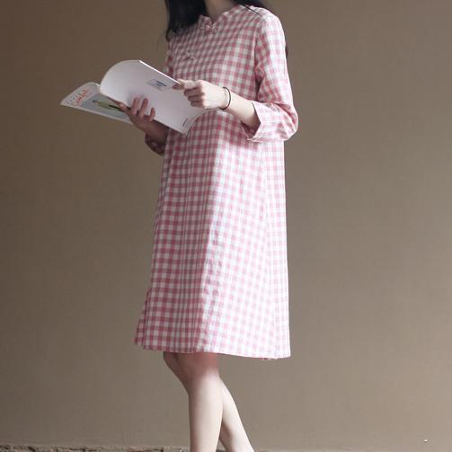 Pink plaid dress plus size cotton dresses - Omychic
