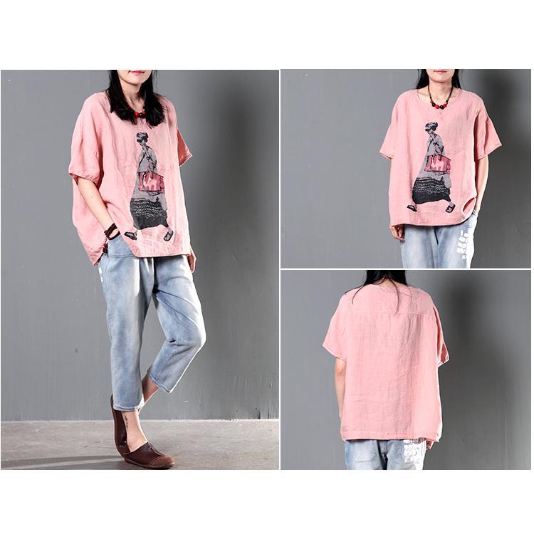 Pink shirt linen top women plus size short blouse city girl print - Omychic