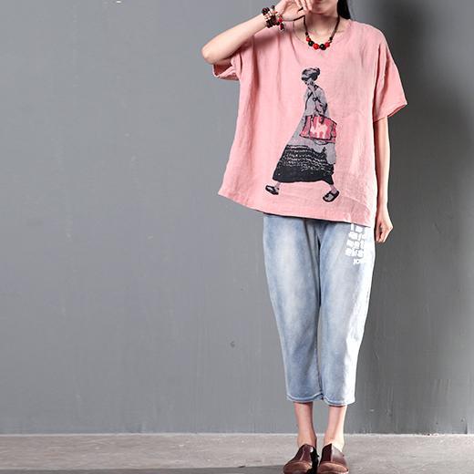 Pink shirt linen top women plus size short blouse city girl print - Omychic