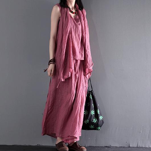 Pink summer linen clothing tops and skirt pants linen set three pieces - Omychic