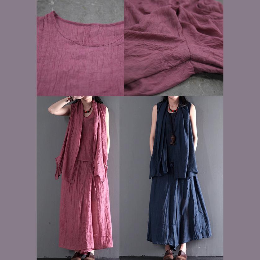 Pink summer linen clothing tops and skirt pants linen set three pieces - Omychic