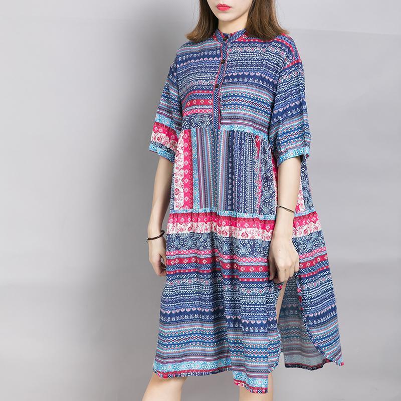 Placket Front Printed Split Casual Dress - Omychic