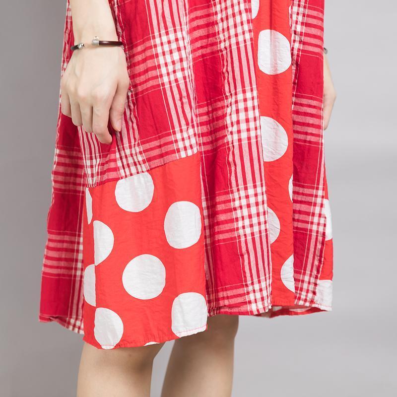 Plaid Spliced Dot Comfortable Cotton Dress - Omychic