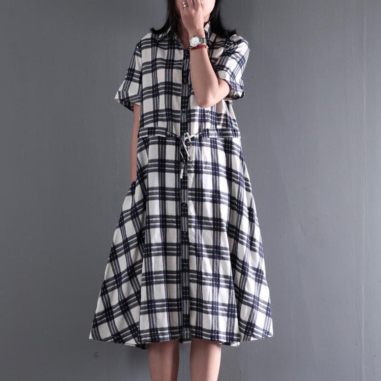 Plaid linen fit flare dress long casual maxi dresses plus size retro style - Omychic