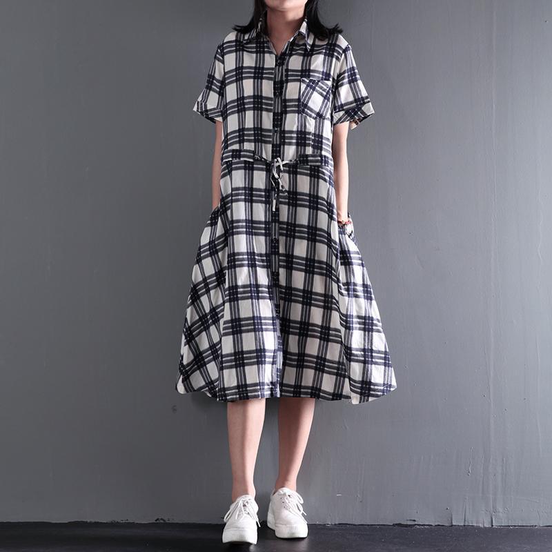 Plaid linen fit flare dress long casual maxi dresses plus size retro style - Omychic