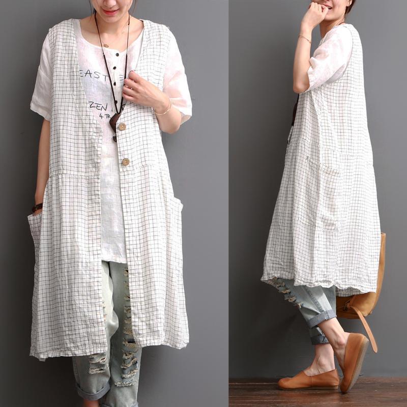 Plaid linen tank dress sleevelss summer linen vest cardigan coat - Omychic