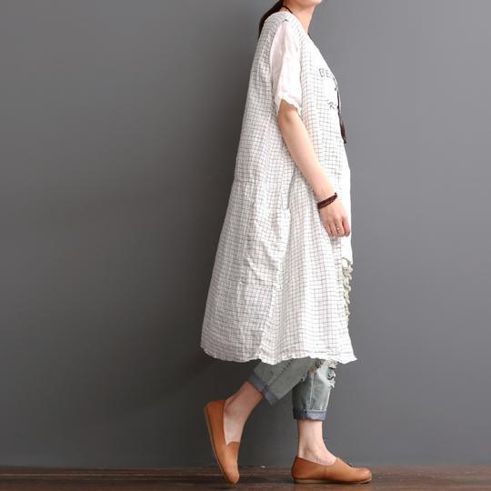 Plaid linen tank dress sleevelss summer linen vest cardigan coat - Omychic