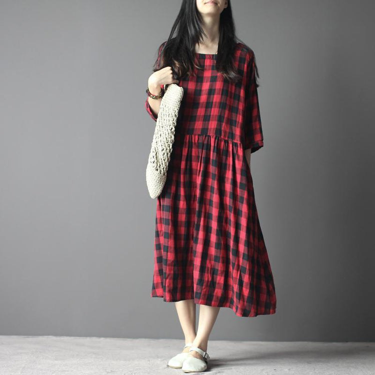 Plaid maxi dress cotton sundress linen three quarter sleeves in red and black - Omychic