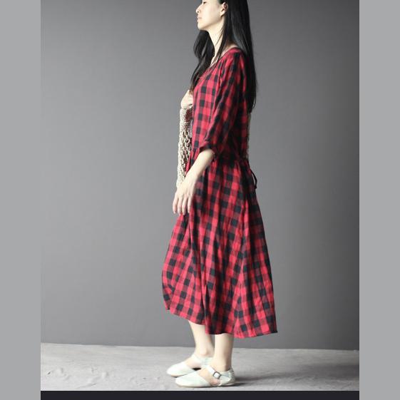 Plaid maxi dress cotton sundress linen three quarter sleeves in red and black - Omychic