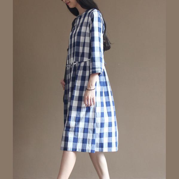 Plaid navy cotton dress drawstring waist plus size long maxi dresses - Omychic