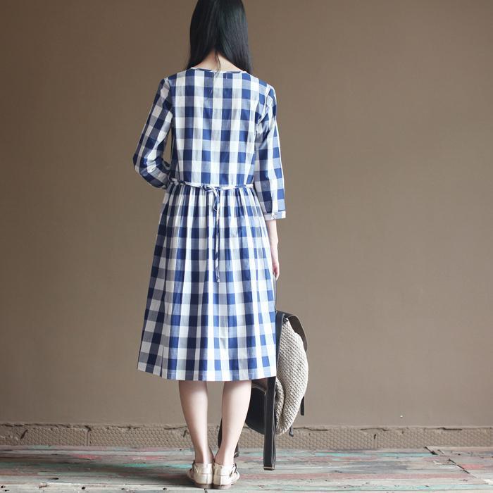 Plaid navy cotton dress drawstring waist plus size long maxi dresses - Omychic