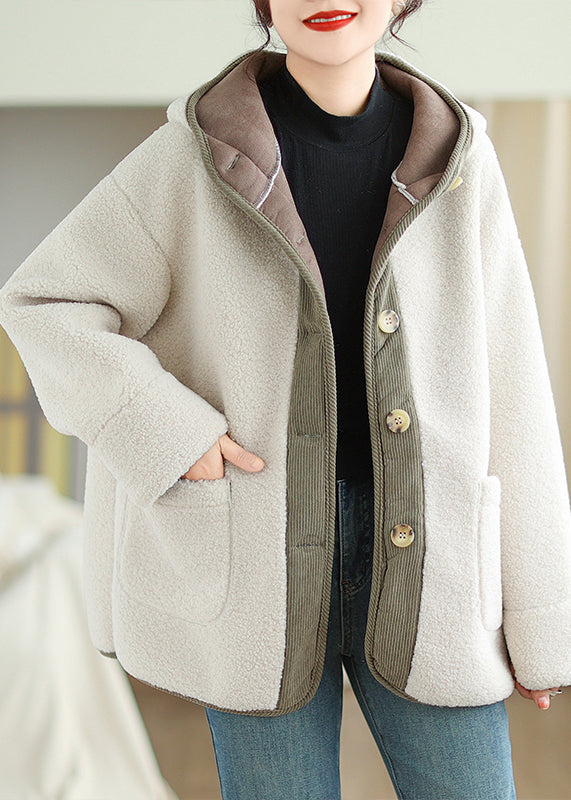 Plus Size Apricot Hooded Pockets Patchwork Faux Fur Warm Fleece Coat Winter