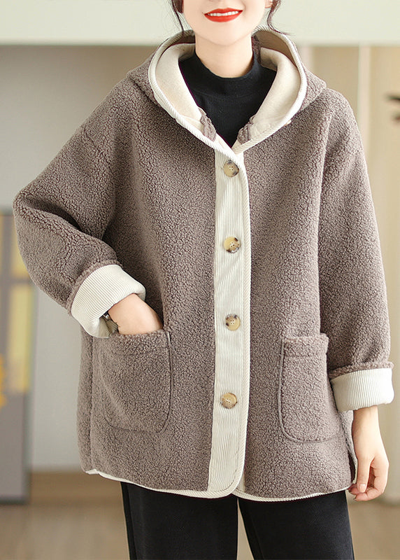 Plus Size Apricot Hooded Pockets Patchwork Faux Fur Warm Fleece Coat Winter