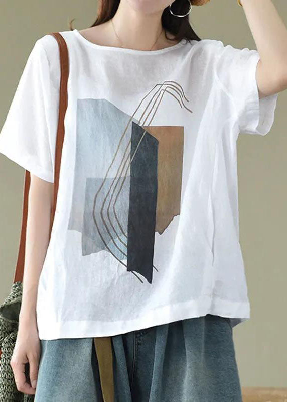 Plus Size Apricot O Neck Print Patchwork Linen T Shirts Top Summer