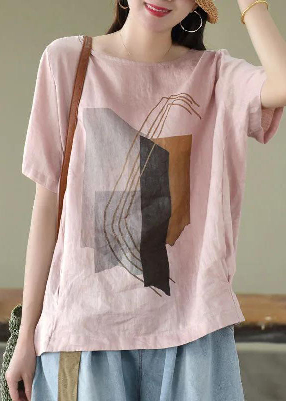 Plus Size Apricot O Neck Print Patchwork Linen T Shirts Top Summer