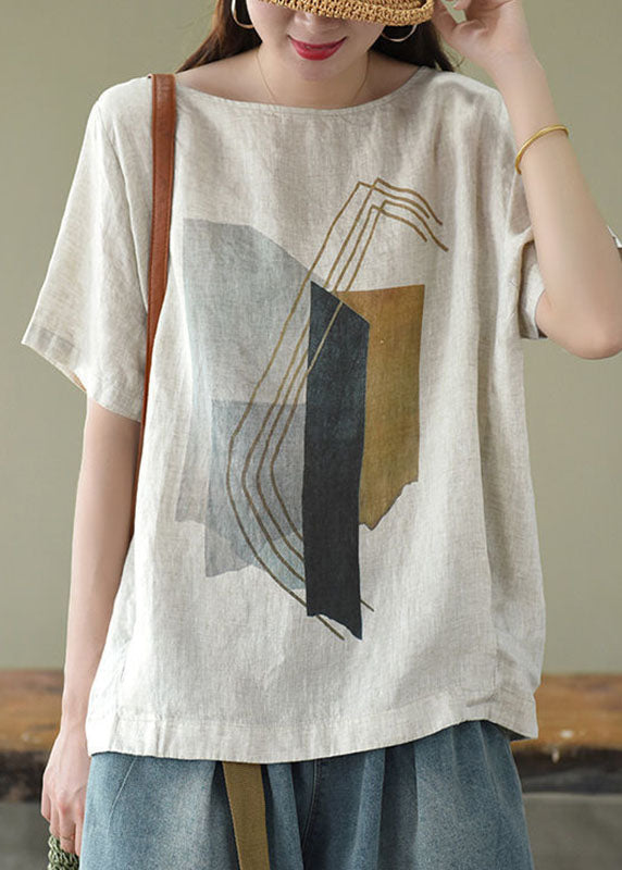 Plus Size Apricot O Neck Print Patchwork Linen T Shirts Top Summer