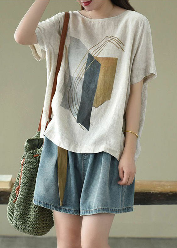 Plus Size Apricot O Neck Print Patchwork Linen T Shirts Top Summer