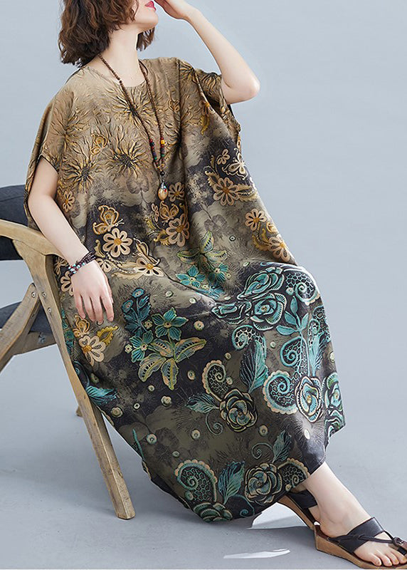 Plus Size Apricot O-Neck Print Silk Long Dress Batwing Sleeve