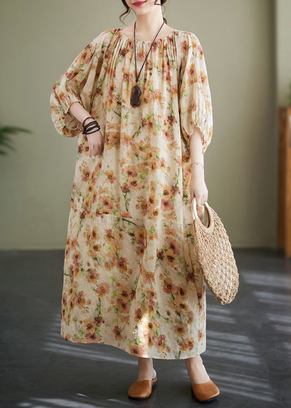 Plus Size Apricot Print Wrinkled Robe Dress Summer