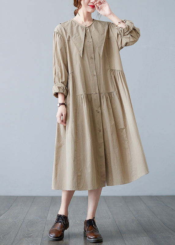 Plus Size Apricot Sailor Collar Button Wrinkled Long Dress Long sleeve