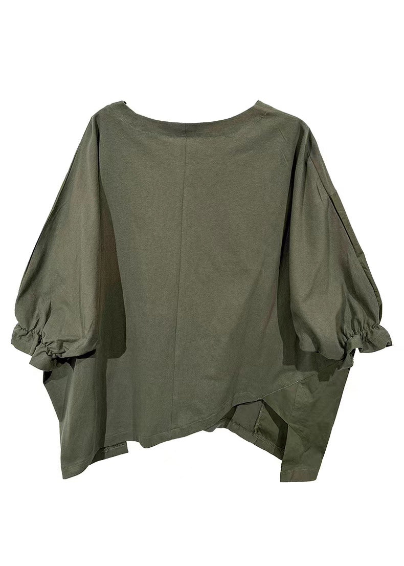 Plus Size Army Green Asymmetrical Ruffled Cotton T Shirt Half Sleeve