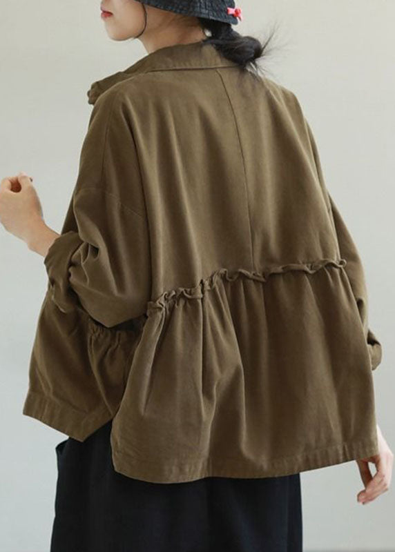 Plus Size Army Green Ruffled Pockets Solid Color Cotton Jacket Long Sleeve - Omychic